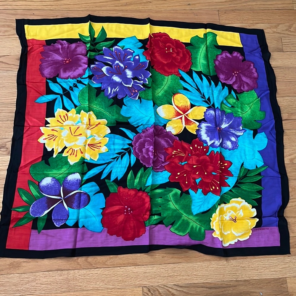 Vintage LIZ CLAIBORNE Bright/Bold Floral Print Rayon Scarf~Made in Japan
